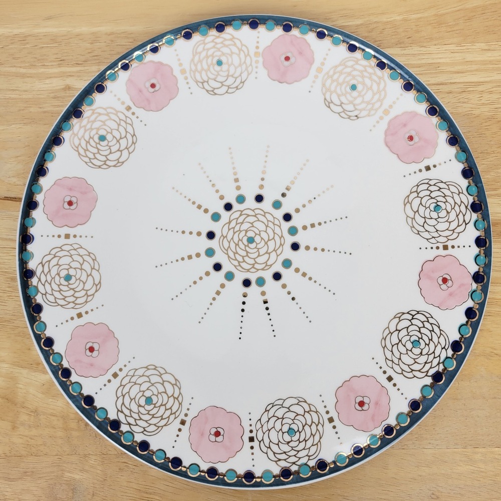 Anthropologie Didion Floral Dinner Plate 11" Pink Teal Gold Boho Cottagecore